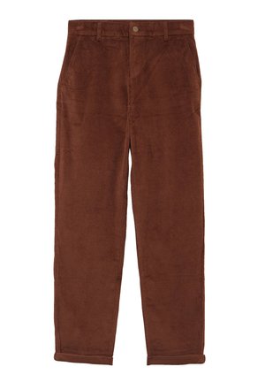 Braune Cordhosen mit geradem Schnitt, strukturiertem Stoff und zwei Fronttaschen. Die Säume sind ordentlich umgeschlagen.