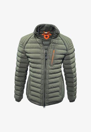 Padded green jacket with a high collar, black accents, and orange zipper detail. Features horizontal stitching and a front zipper closure.