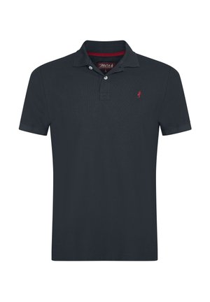 Navy blue polo shirt made of cotton, featuring a two-button placket, short sleeves, and a small red logo on the chest.