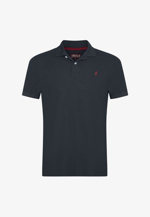 Marineblauwe polo met korte mouwen van katoen, voorzien van een twee-knopen sluiting en een klein rood logo op de borst.