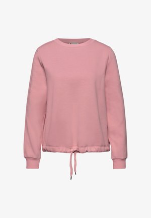 Sweatshirt rose avec des manches longues, un col rond et des poignets extensibles. Présente un ourlet à cordon de serrage froncé pour un ajustement réglable. Texture de tissu douce.