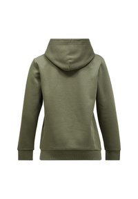 Felpa verde oliva con tasca frontale a marsupio, polsini a coste e cappuccio con stringhe. Tessuto liscio con un design a vestibilità classica.
