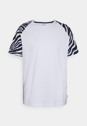 White short-sleeve T-shirt with black and blue zebra print on raglan sleeves and round neckline, displayed on plain background.