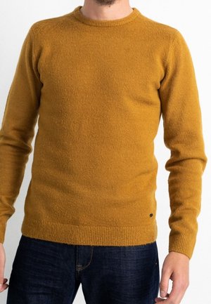 Homme portant un pull en laine jaune moutarde et un jean bleu foncé, se tenant devant un fond blanc uni.