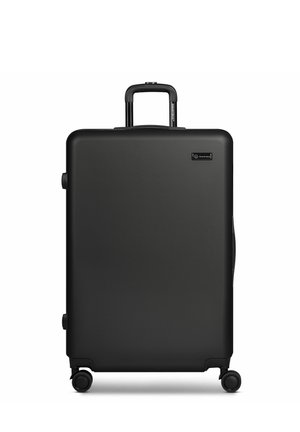 Großer schwarzer Hartschalenkoffer mit ausgezogenem Teleskopgriff, vier Spinner-Rollen und Smartbox-Logo auf der Vorderseite.