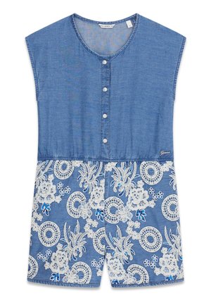 Tuta corta senza maniche in denim blu con bottoni frontali, scollo rotondo e ricamo floreale bianco all'uncinetto sulla parte dei pantaloncini.