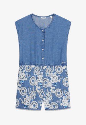 Combinaison sans manches en denim bleu avec des boutons à l'avant, un col rond et une broderie crochetée florale blanche sur la partie short.