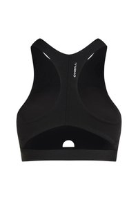 Μαύρο αθλητικό σουτιέν με σχεδιασμό racerback. Κατασκευασμένο από απαλό ύφασμα, διαθέτει μεγάλη κοπή στην πλάτη και μικρή λεπτομέρεια λογότυπου στο κέντρο.