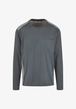 Grå langærmet skjorte med struktureret finish, der har en lomme foran og mesh-detaljer på skuldrene.