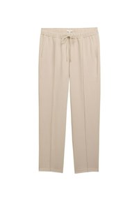 Pantalones beiges con cinturilla ajustable, dos bolsillos laterales y una tela suave y ligera con un diseño de pierna recta.