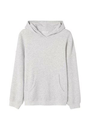 Sweatshirt gris clair avec capuche, manches longues et poche kangourou. Fabriqué en tissu doux avec une coupe décontractée et des poignets côtelés.
