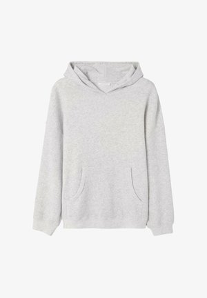 Sweatshirt gris clair avec capuche, manches longues et poche kangourou. Fabriqué en tissu doux avec une coupe décontractée et des poignets côtelés.