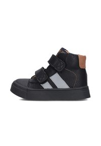 Zwarte hoge sneakers met twee klittenbandbandjes, grijze diagonale strepen, bruine accenten, gestructureerd leer en rubberen zolen.