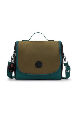 Green and olive rectangular shoulder bag with top handle, adjustable strap, and small black monkey keychain attached to strap ring.