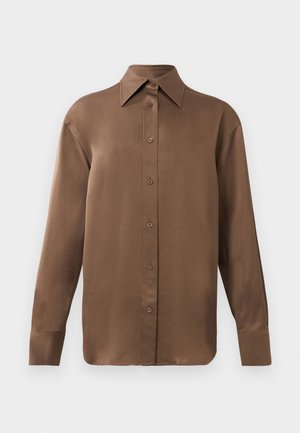 Brown long-sleeve button-up shirt with pointed collar and cuffs, displayed against a plain white background.