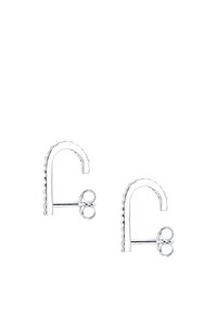 Sølvøreringe med et buet design og teksturerede detaljer. Formen ligner et kroglignende design, med små cirkulære accenter ved bunden.