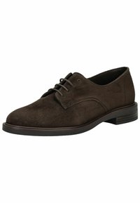 Scarpa da abito in suede marrone con punta arrotondata, design stringato e tacco basso impilato. Caratterizzata da cuciture sottili e una tomaia strutturata.