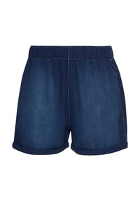 Shorts en denim bleu foncé avec une ceinture élastique et un ourlet retroussé. Caractérisés par des coutures contrastantes et une texture lisse.