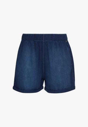 Dunkelblaue Jeansshorts mit elastischem Bund und umgeschlagenem Saum. Verfügt über kontrastierende Nähte und eine glatte Textur.
