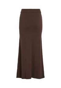 Gonna maxi a maglia marrone con vita aderente e leggero svaso all'orlo, progettata per l'abbigliamento casual o semi-formale femminile.