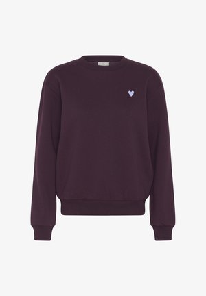 Sweat-shirt bordeaux en tissu doux, doté de manches longues, de poignets et d'un ourlet côtelés, avec une petite broderie en forme de coeur bleu clair sur la poitrine.