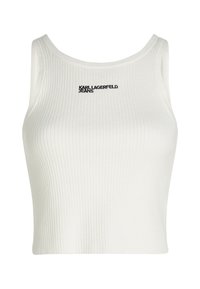 Biela rebrovaná tielko s okrúhlym výstrihom, s čiernym logom "KARL LAGERFELD JEANS" na prednej strane.