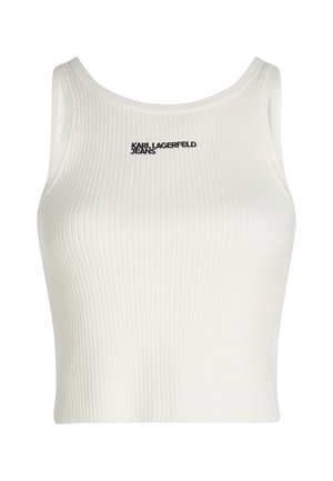 Biela rebrovaná tielko s okrúhlym výstrihom, s čiernym logom "KARL LAGERFELD JEANS" na prednej strane.