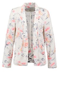 Bloemig blazer met een witte achtergrond en roze en blauwe bloemen. Gemaakt van lichte stof, het heeft een kraag en voorkruiden.