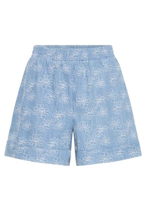 Shorts bleu clair avec des motifs floraux brodés blancs et une ceinture élastique, conçus pour un usage décontracté.
