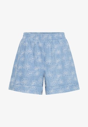 Shorts bleu clair avec des motifs floraux brodés blancs et une ceinture élastique, conçus pour un usage décontracté.