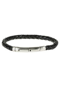 Black braided leather bracelet with a cylindrical stainless steel clasp featuring engraving. Smooth texture with a flexible, rounded shape.
