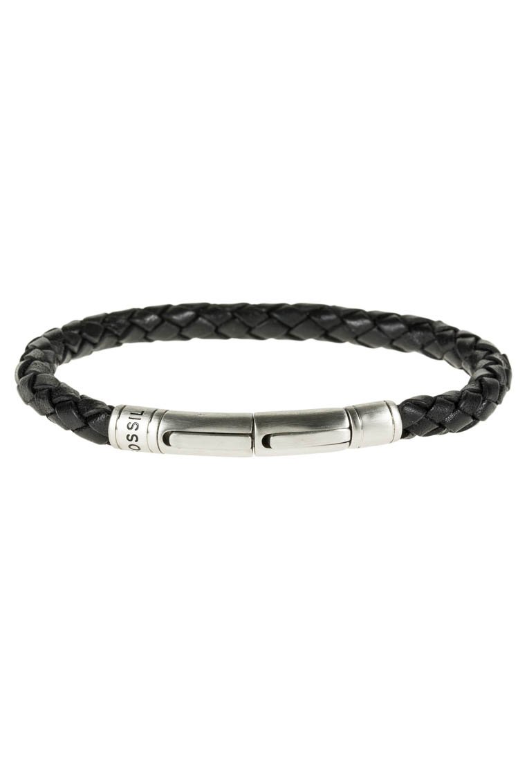 Black braided leather bracelet with a cylindrical stainless steel clasp featuring engraving. Smooth texture with a flexible, rounded shape.