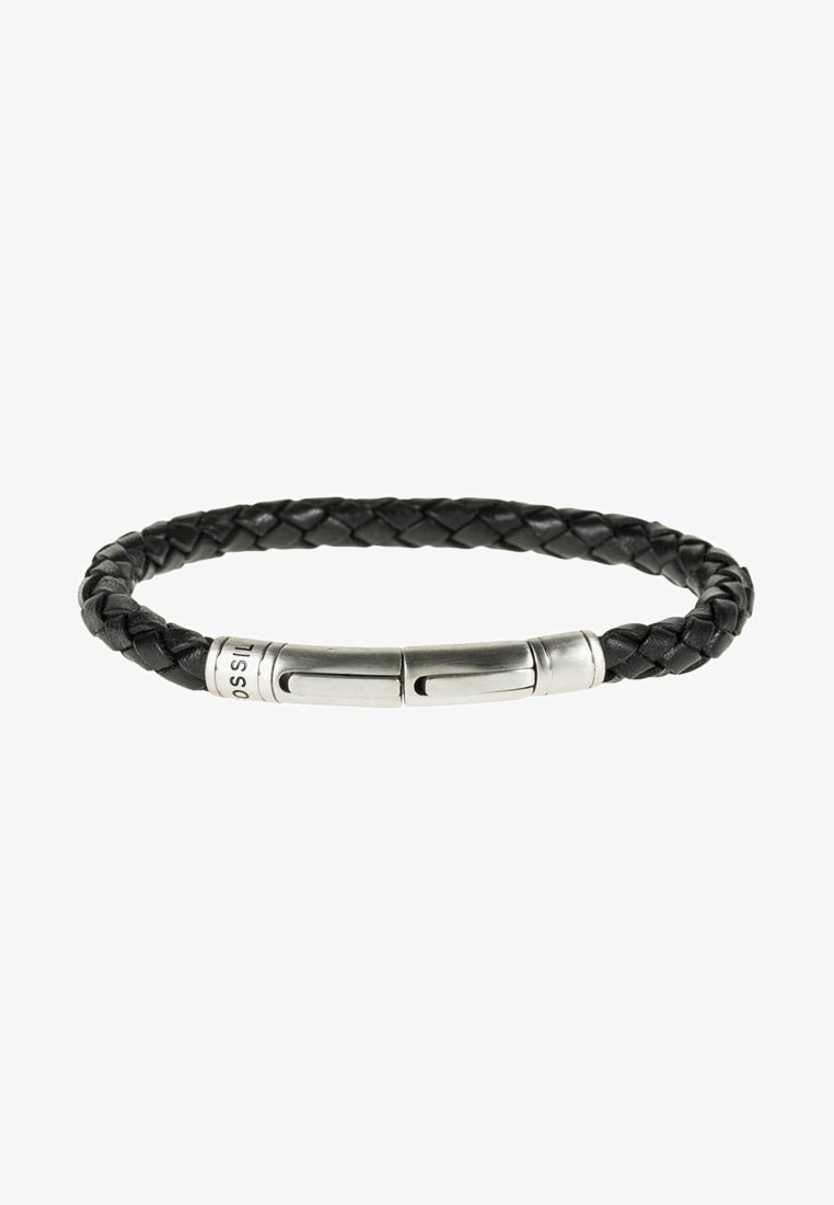 Black braided leather bracelet with a cylindrical stainless steel clasp featuring engraving. Smooth texture with a flexible, rounded shape.