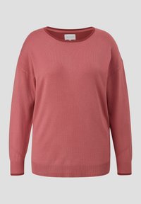 Różowy sweter z okrągłym dekoltem, długimi rękawami i prążkowanymi mankietami. Wykonany z miękkiego materiału, o gładkiej fakturze.
