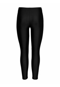 Leggings noirs à texture lisse, tissu extensible, taille haute et coupe longue. Simples et polyvalents pour diverses activités.