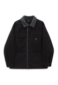 Veste noire boutonnée avec col et doublure en sherpa gris, quatre poches avant, et logo Vans sur la poche poitrine gauche.