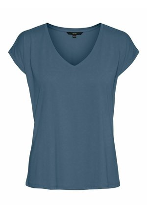 Blauw dames T-shirt met korte mouwen en V-hals, losse pasvorm en eenvoudig ontwerp op een witte achtergrond.