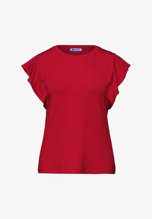 Blusa rossa a maniche corte con maniche arricciate e scollo rotondo, mostrata su uno sfondo bianco uniforme.