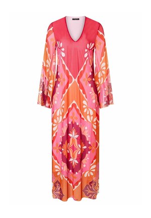Lange jurk met V-hals, doorschijnende lange mouwen en een levendig geometrisch bloemmotief in tinten roze, oranje en rood.