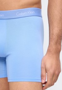 Κοντινό πλάνο ενός ατόμου που φοράει ανοιχτό μπλε μπόξερ Calvin Klein, εμφανίζοντας τη μέση και μέρος του δεξιού χεριού στο μηρό.