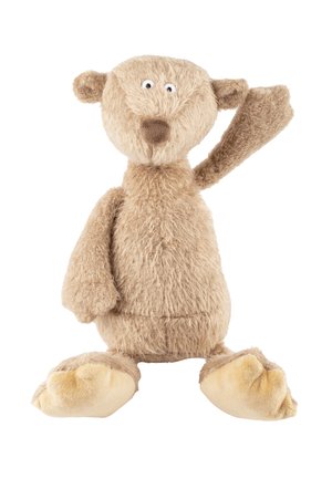 Hellbrauner Plüsch-Teddybär mit beigen Pfoten, rundem Nase und wackelnden Augen, der einen Arm hebt, während er vor einem weißen Hintergrund sitzt.