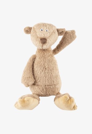 Ours en peluche brun clair avec des pattes beige, un nez rond et des yeux mobiles, levant un bras tout en étant assis sur un fond blanc.