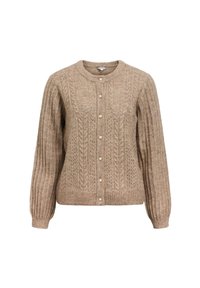 Beige gebreide cardigan met kabelpatronen, ronde halslijn en knopen aan de voorkant. Heeft lange mouwen en een geribbelde onderrand.