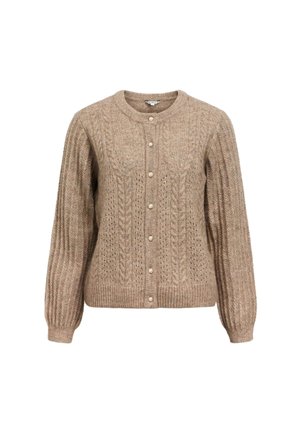 Cardigan en tricot beige avec des motifs en cable, col rond et boutons sur le devant. Il présente des manches longues et un ourlet côtelé.