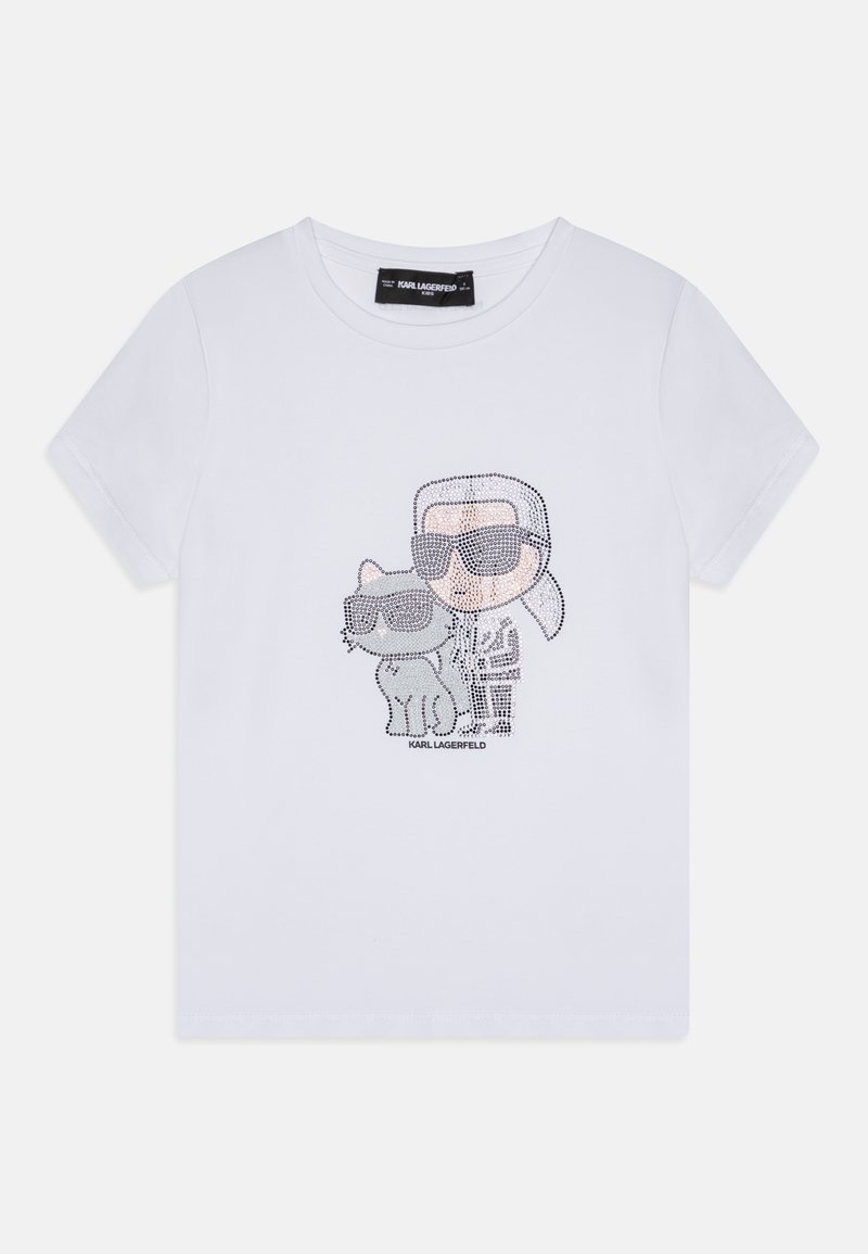 T-shirt en coton blanc avec un graphisme en strass représentant une silhouette portant des lunettes de soleil avec un chat, tous deux contournés en noir, avec un col rond.