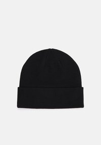 Black knit beanie with a folded cuff, featuring a smooth texture and a rounded top, made of soft material suitable for cold weather.
