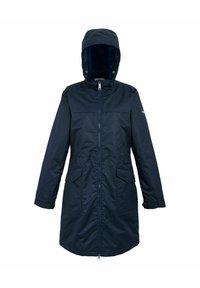 Parka longue bleu marine avec capuche, fermeture éclair à l'avant, poches à rabat et poignets réglables, conçue pour les temps froids.