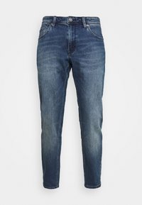 Dark blue denim jeans featuring a straight fit, faded sections, five-pocket design, and a button closure with belt loops.