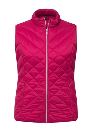 Magenta gewatteerde bodywarmer met een hoge kraag, diagonale quiltpatroon en een rits aan de voorkant. Beschikt over zijzakken voor functionaliteit.