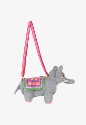Bolso de hombro infantil con forma de elefante gris, con una montura floral rosa y una correa de rayas rosas.